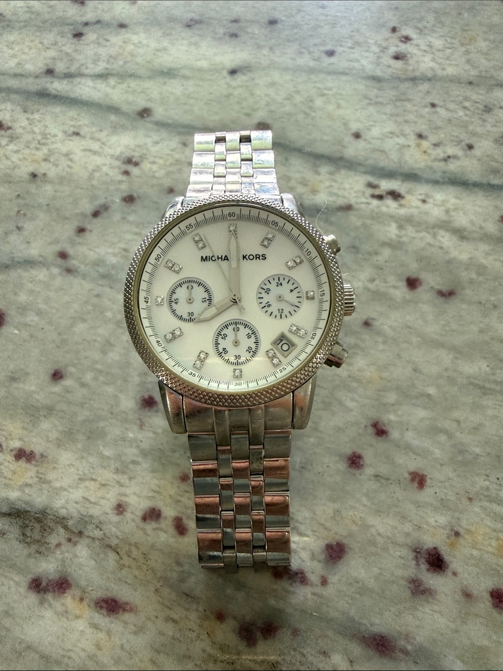 Michael Kors Silver and White Women's Chronograph Bracelet Watch
